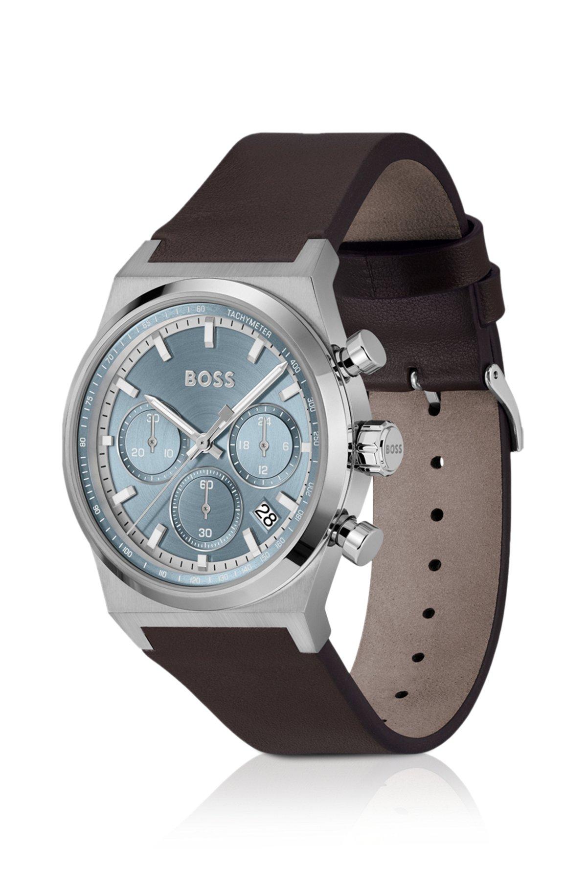 Silver-tone chronograph watch with brown leather strap Product Image