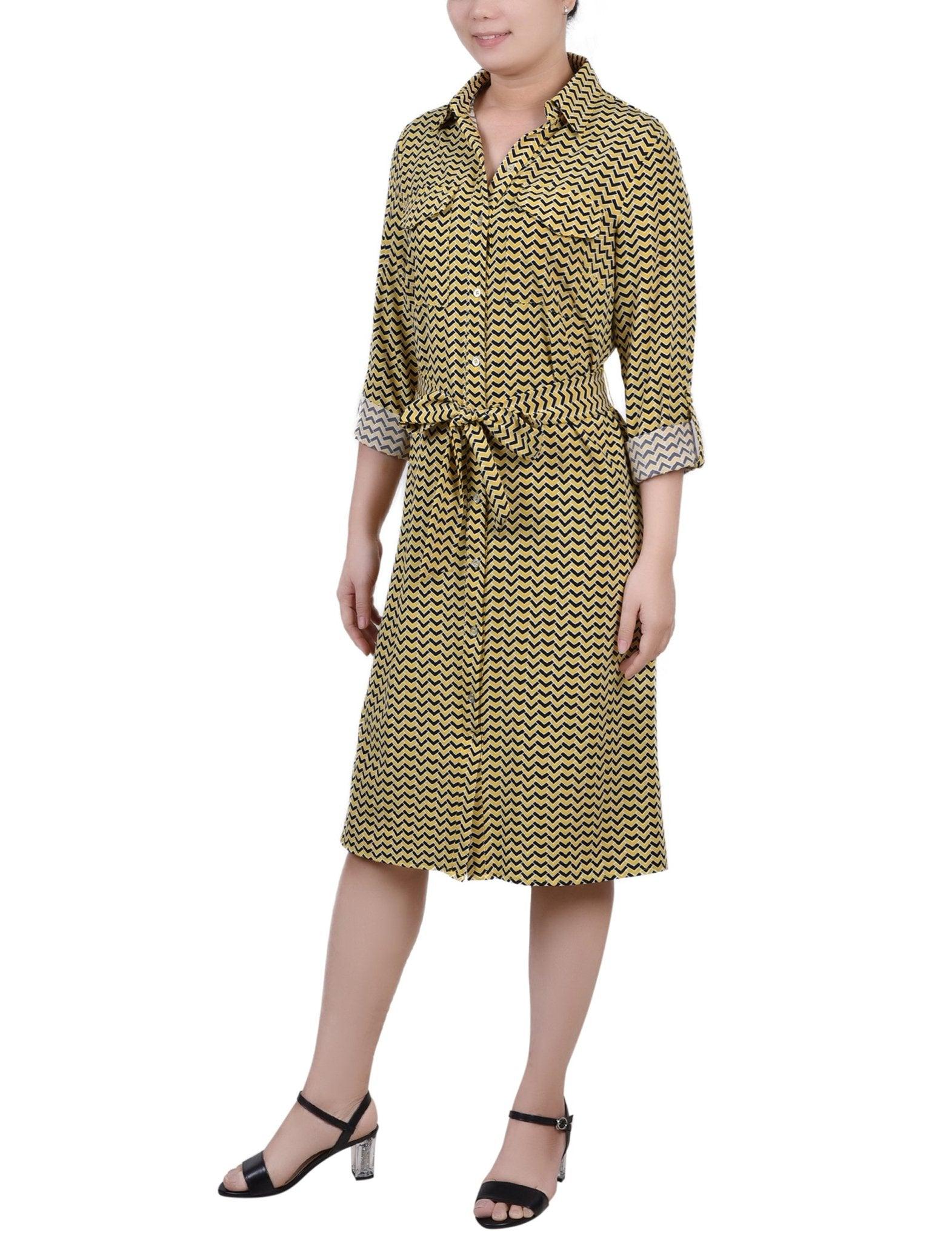 Cypress Inca Gold Navy Zigzag 3/4 Roll Tab Sleeve Belted Shirtdress - Petite Product Image