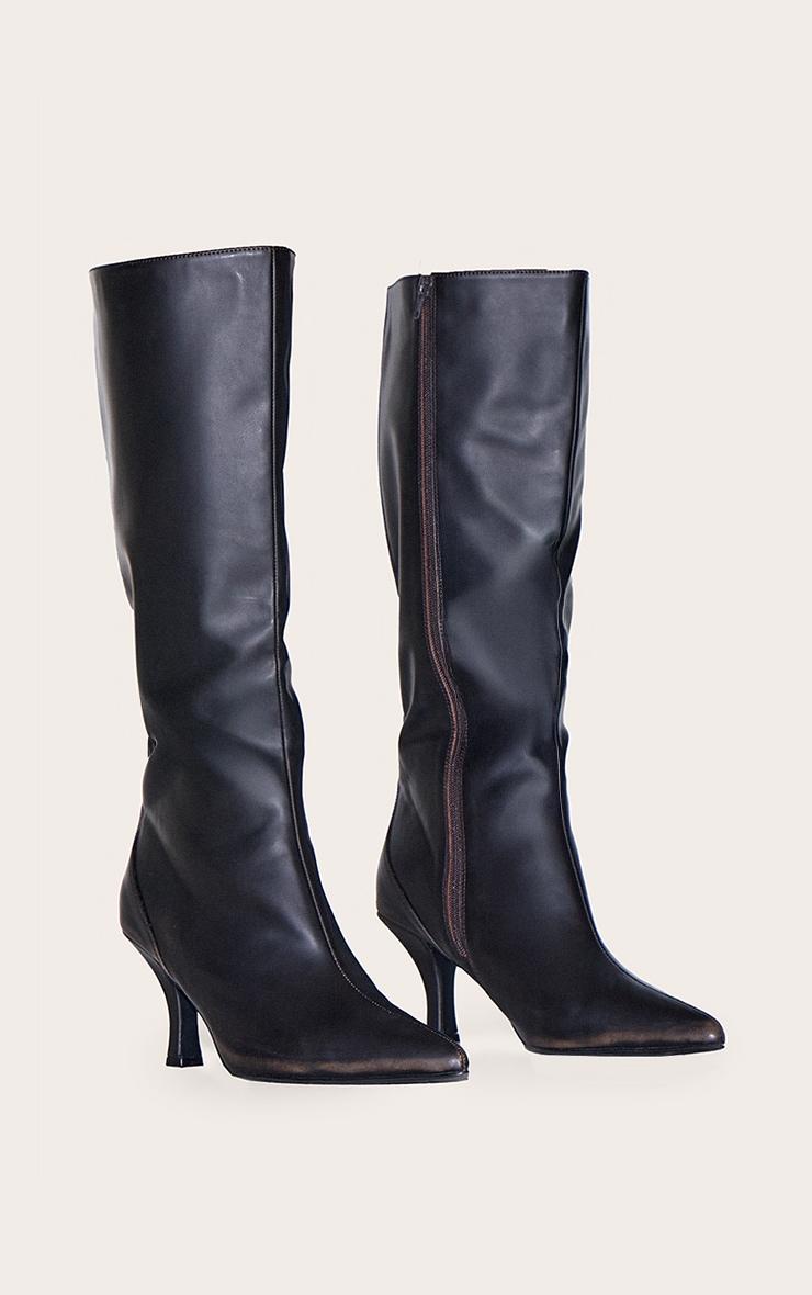 Black Burnish Wide Fit Pu Point Toe High Stiletto Heel Knee High Boots Product Image