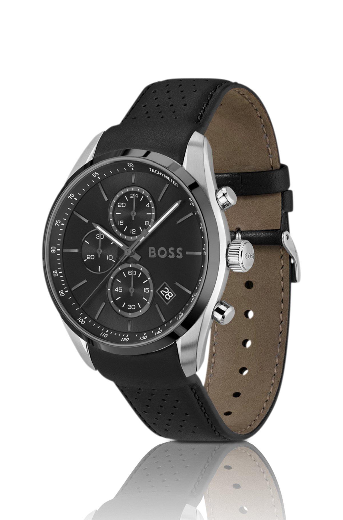 BOSS - Black-plated chronograph watch with gray leather strap Product Image