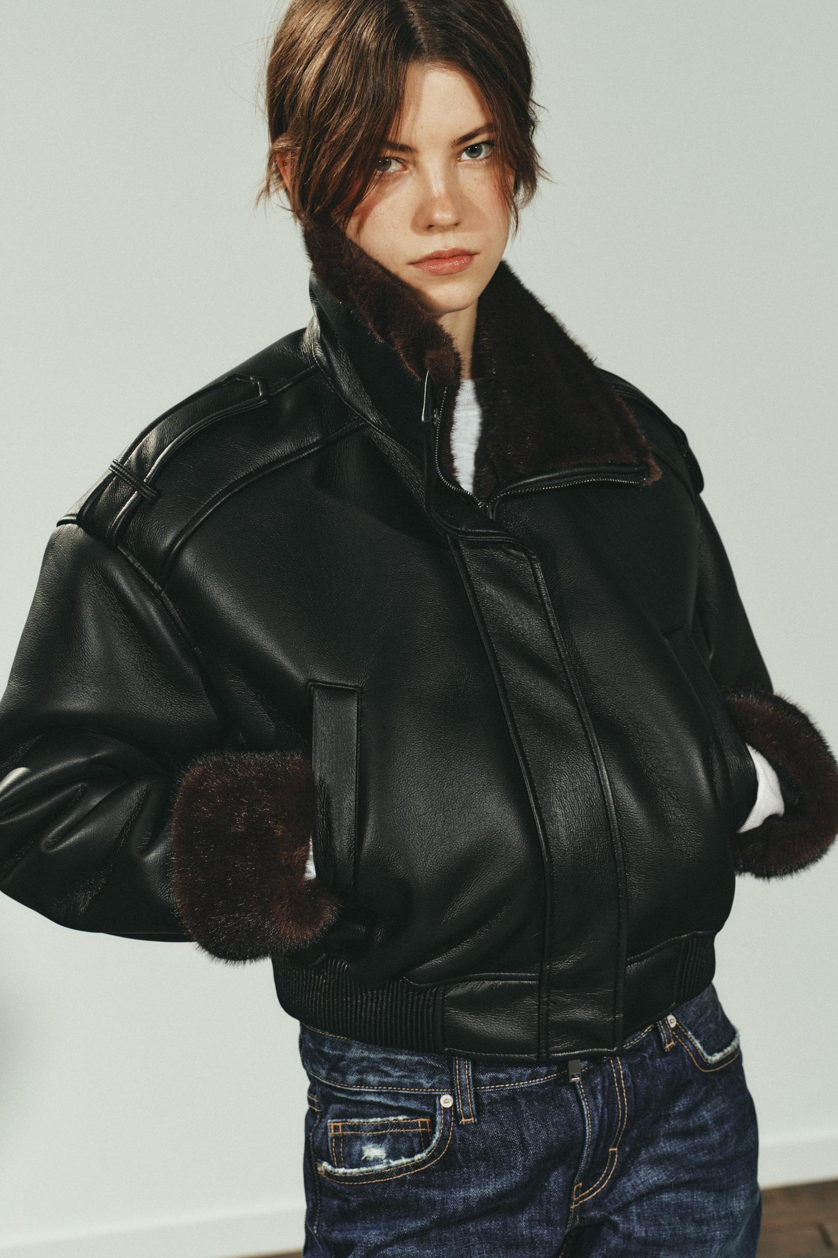 DOUBLE FACED FAUX LEATHER BOMBER JACKET Product Image
