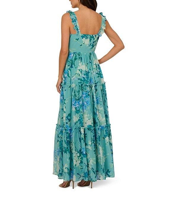 Adrianna Papell Floral Chiffon Square Neck Ruffle A-Line Maxi Dress Product Image
