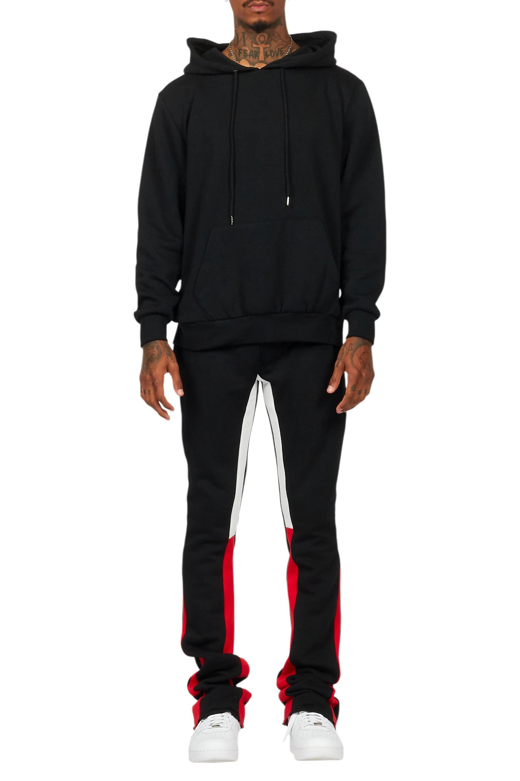 Basic Black/Red Hoodie/Stacked Flare Track Set Male Product Image