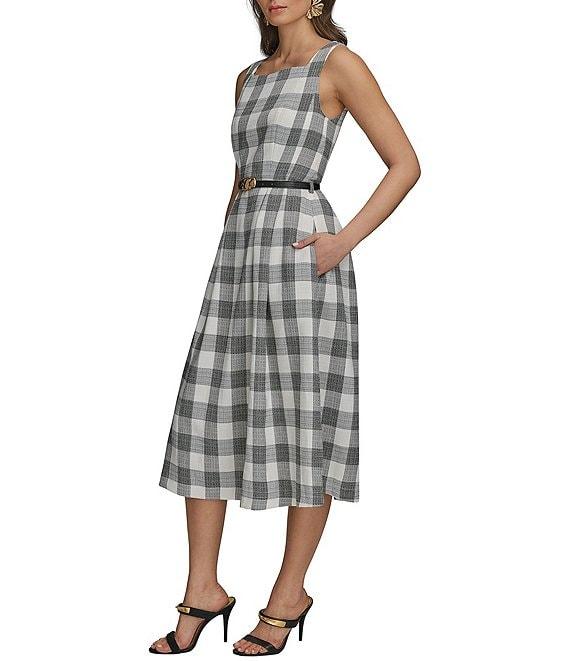 Donna Karan Gingham Tweed Square Neck A-Line Midi Dress Product Image