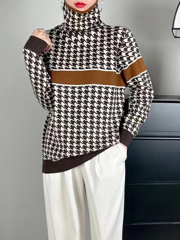 Long Sleeves Loose Contrast Color Houndstooth Split-Joint High Neck Pullovers Sweater Tops Product Image