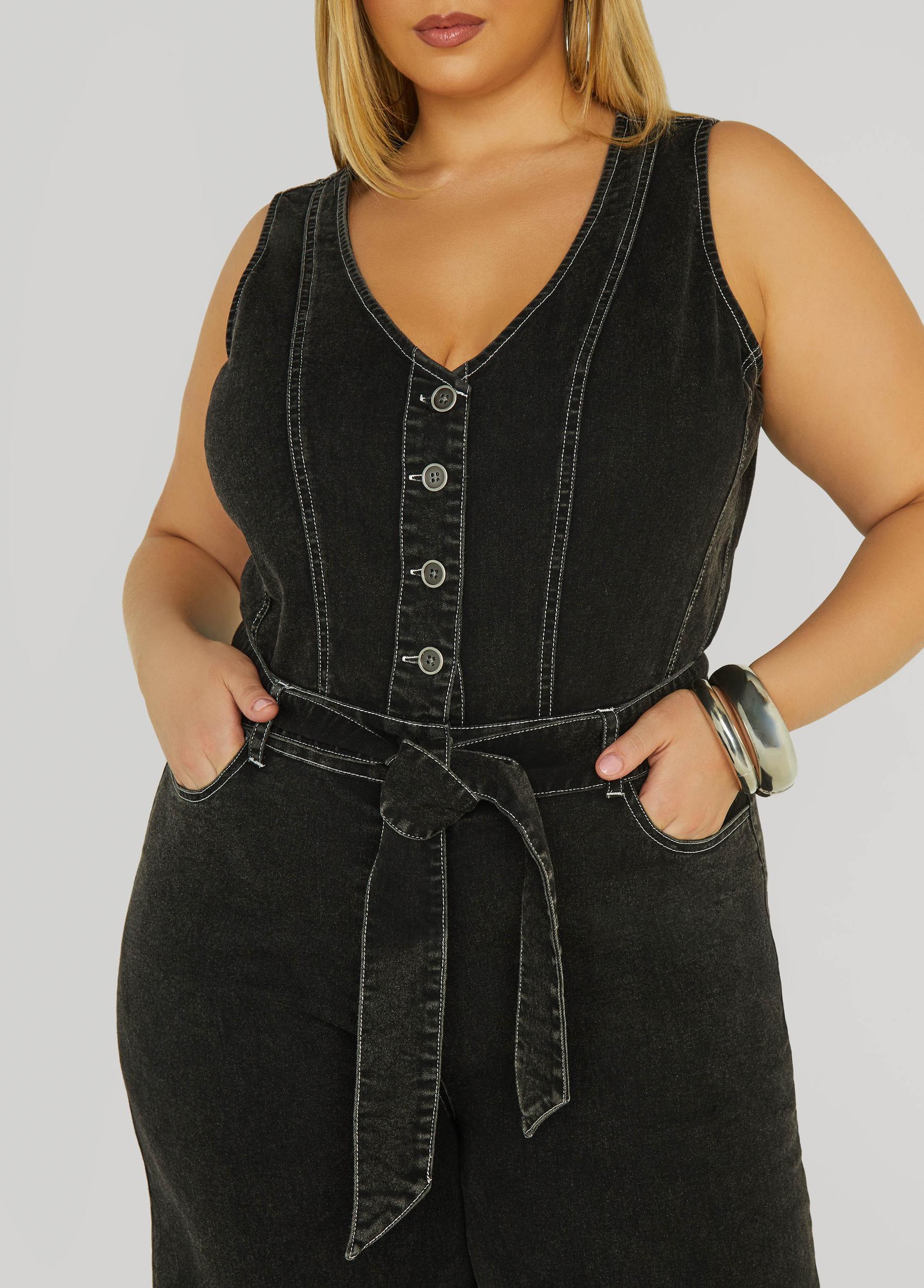 Belted Denim Wide Leg Jumpsuit Product Image