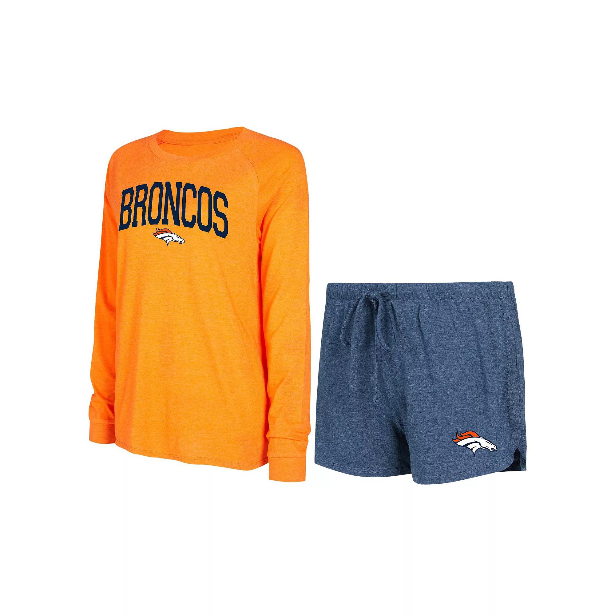 Women's Concepts Sport Navy/Orange Denver Broncos Raglan Long Sleeve T-Shirt & Shorts Lounge Set, Size: Large, Blue Product Image