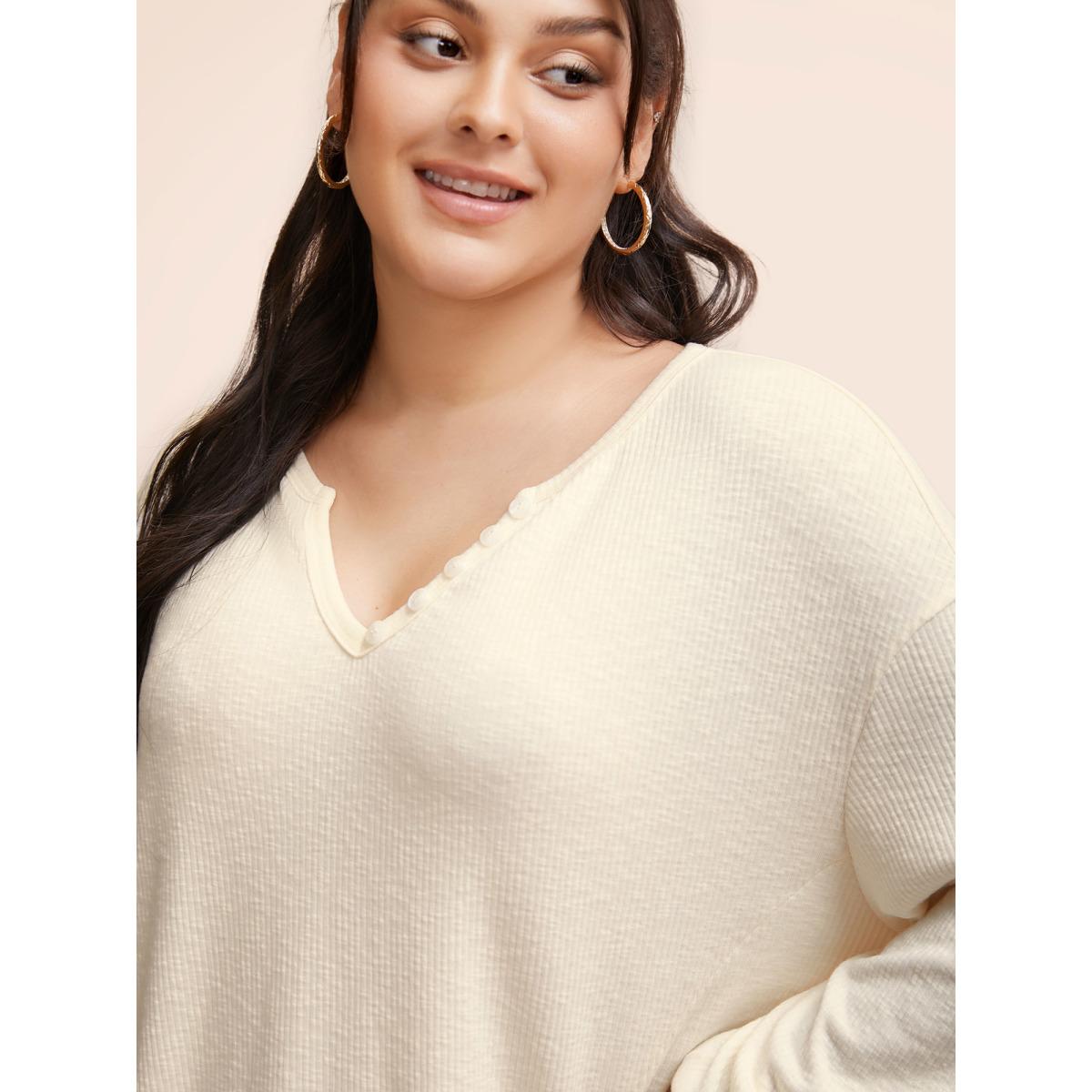 Plus Size Notched Button Detail Split Hem Sweatshirt Women Beige Casual Texture Flat collar with V-notch Everyday Sweatshirts BloomChic 14-16/1X Product Image