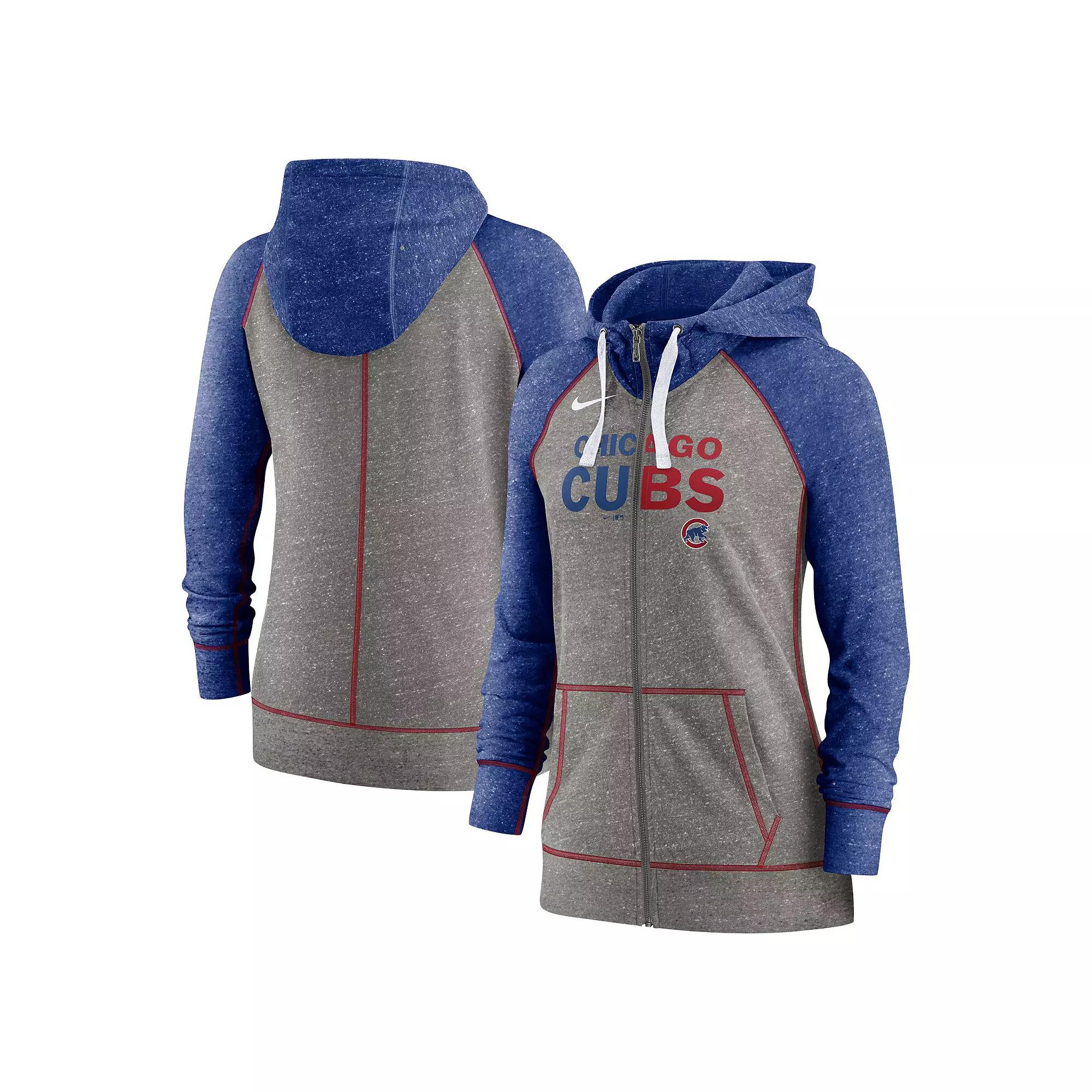 Women's Nike Heathered Charcoal/Royal Chicago Cubs Split Wordmark Gym Vintage Raglan Full-Zip Hoodie, Size: Medium Product Image