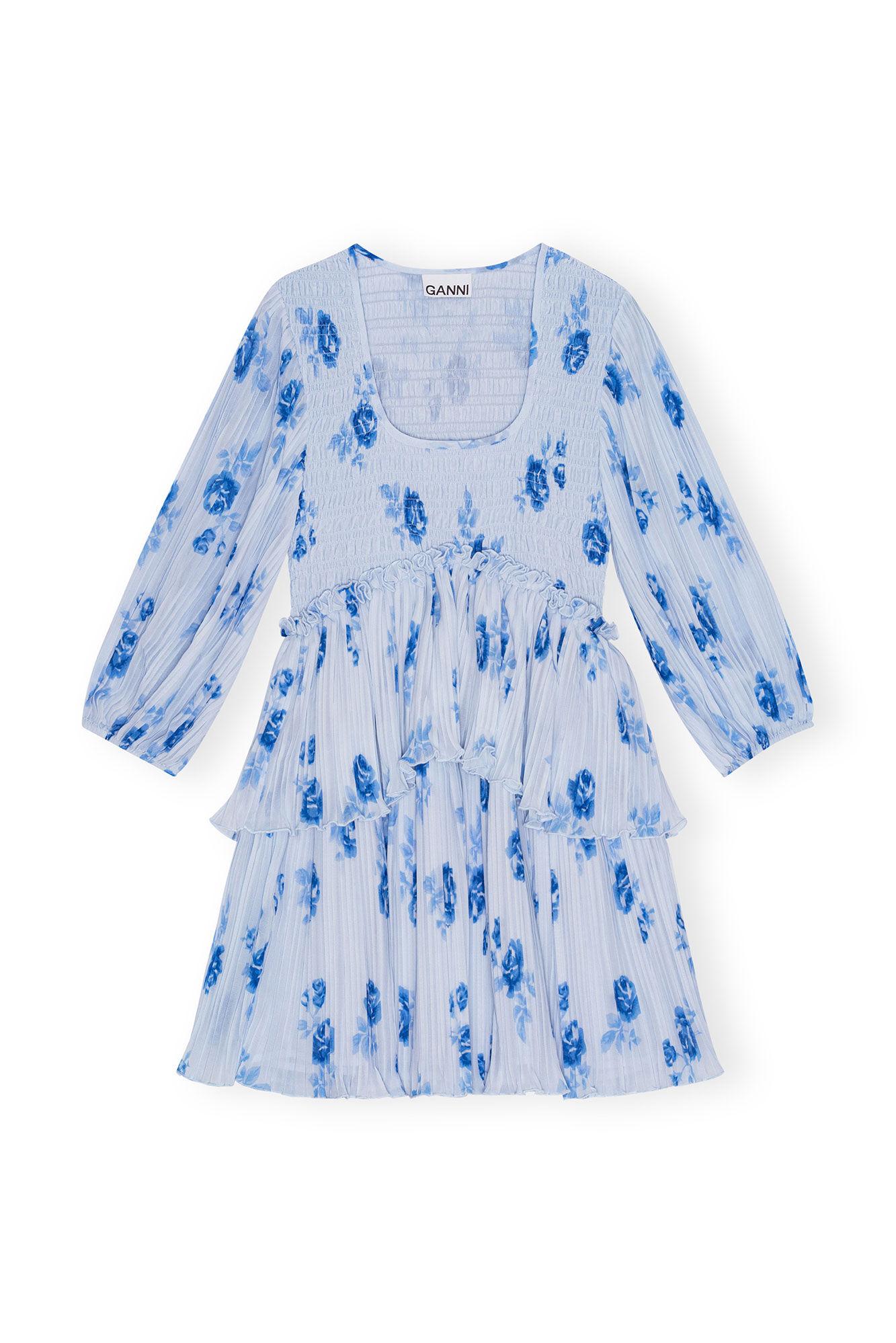 Blue Pleated Georgette Flounce Smock Mini Dress Product Image