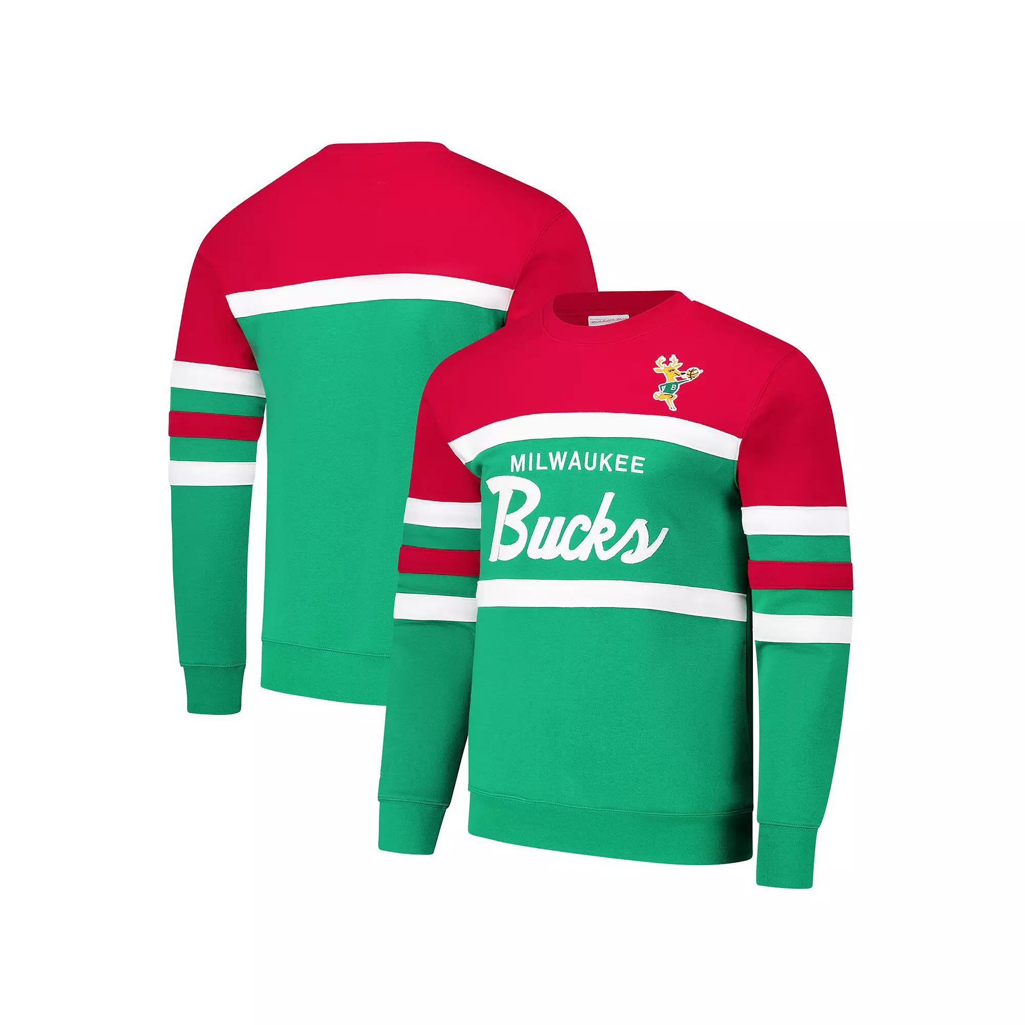 Men's Mitchell & Ness Green/Red Milwaukee Bucks Hardwood Classics Vintage Logo Head Coach Pullover Sweatshirt,  Product Image