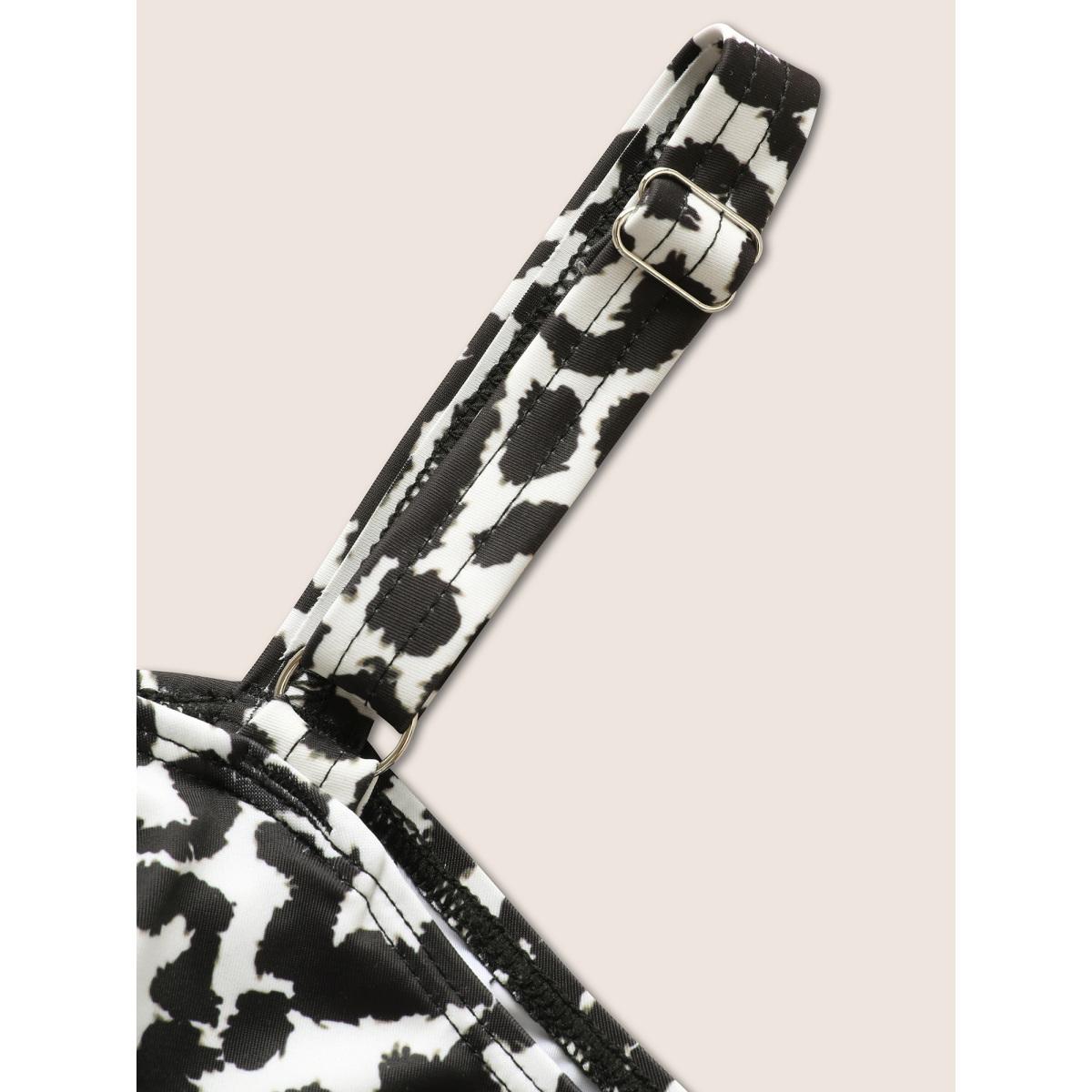 Plus Size Leopard Print Ruffles Adjustable Straps Swim Top Women's Swimwear Beige Beach Ruffles High stretch Bodycon One-shoulder neck Curve Swim Tops BloomChic 14-16/1X Product Image