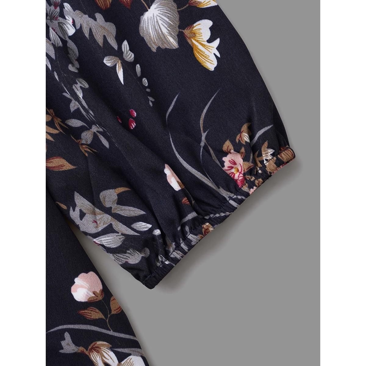 Plus Size Indigo Half Zipper Front Floral Blouse Women Elegant Elbow-length sleeve V-neck Everyday Blouses BloomChic 28/5X Product Image