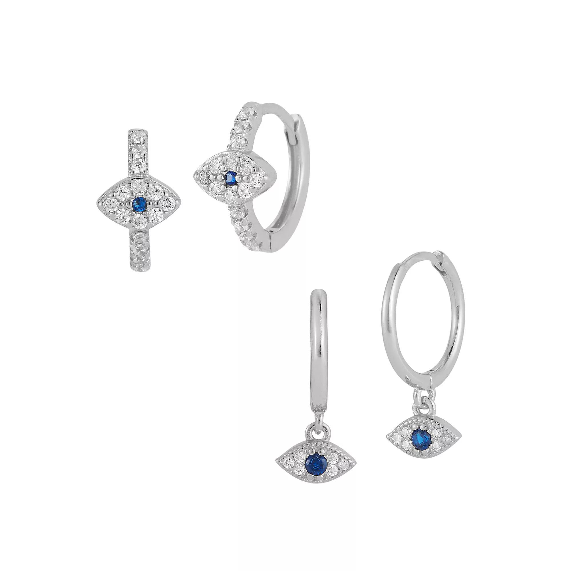 Sunkissed Sterling 14k Gold Over Silver Cubic Zirconia Evil Eye Earring Set, Women's, Silver Tone Product Image