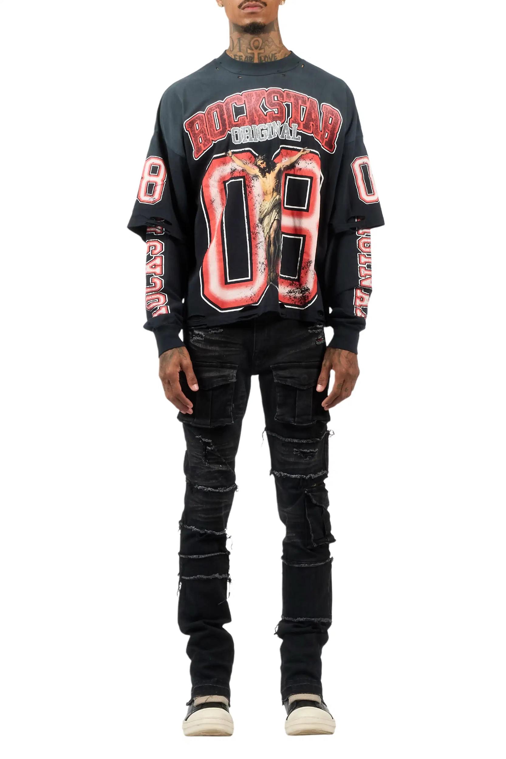 Folant Black Stacked Cargo Flare Jean Male Product Image