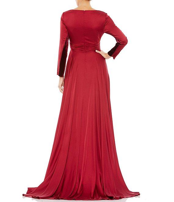 Ieena for Mac Duggal Deep V-Neck 3/4 Sleeve Satin A-Line Thigh High Slit Gown Product Image