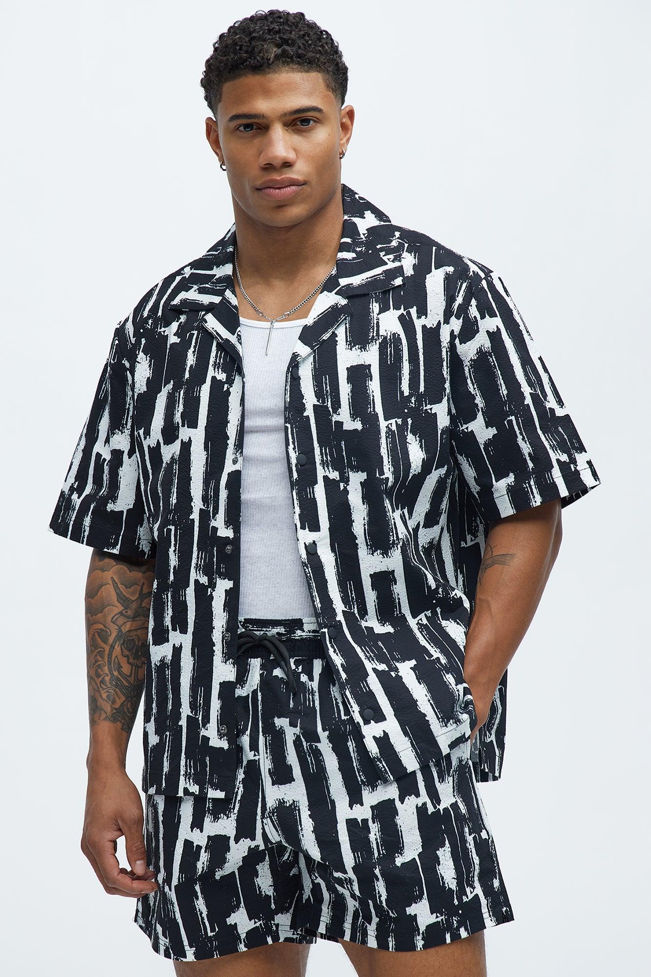 Seersucker Printed Short Sleeve Cuban Collar Shirt - Black/combo Product Image