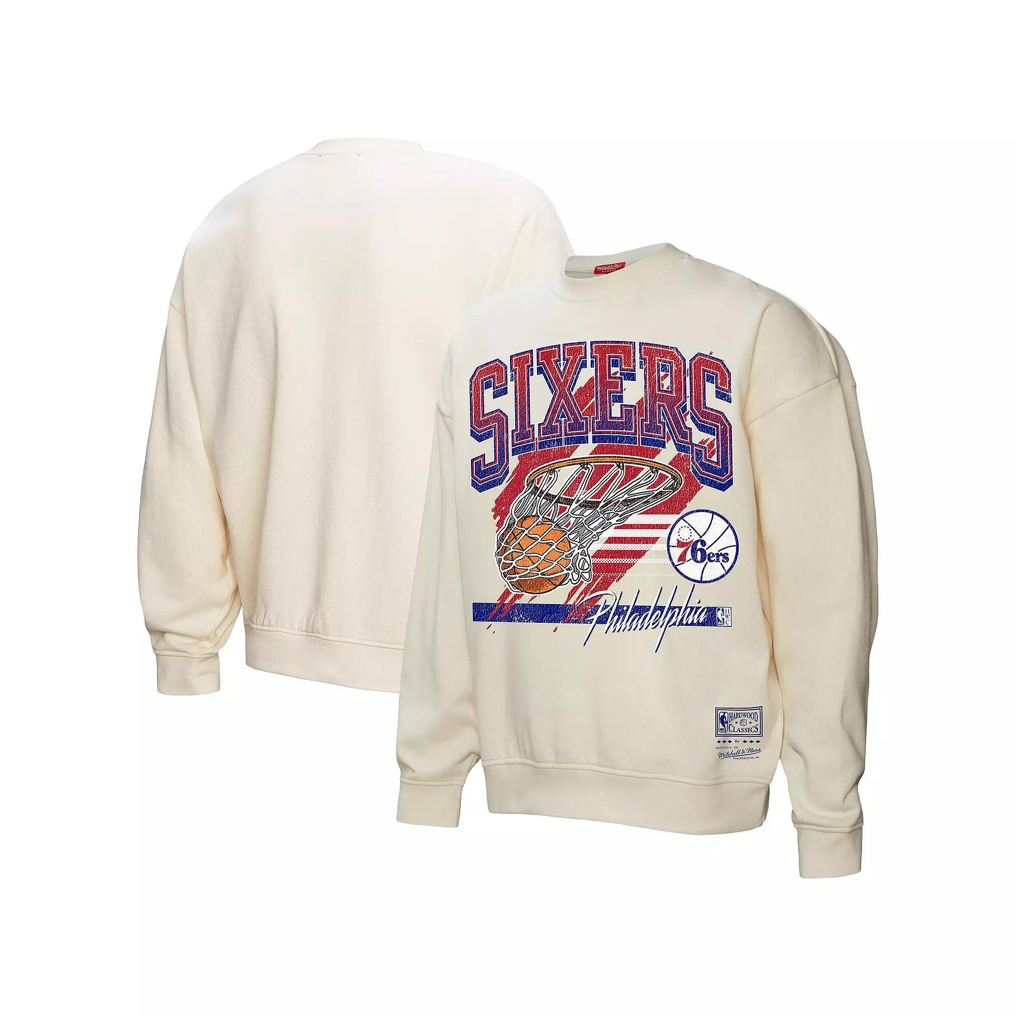 Women's Mitchell & Ness Cream Philadelphia 76ers Brush Bucket Pullover Sweatshirt,  Product Image