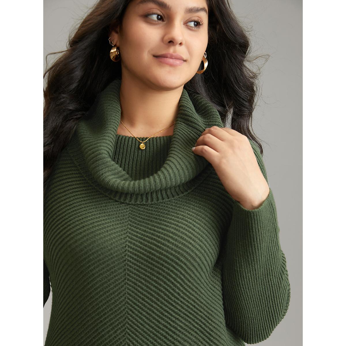 Plus Size Turtle Neck Plain Asymmetrical Hem Drop Shoulder Pullover ArmyGreen Women Casual Loose Long Sleeve Turtleneck Dailywear Pullovers BloomChic 14-16/1X Product Image
