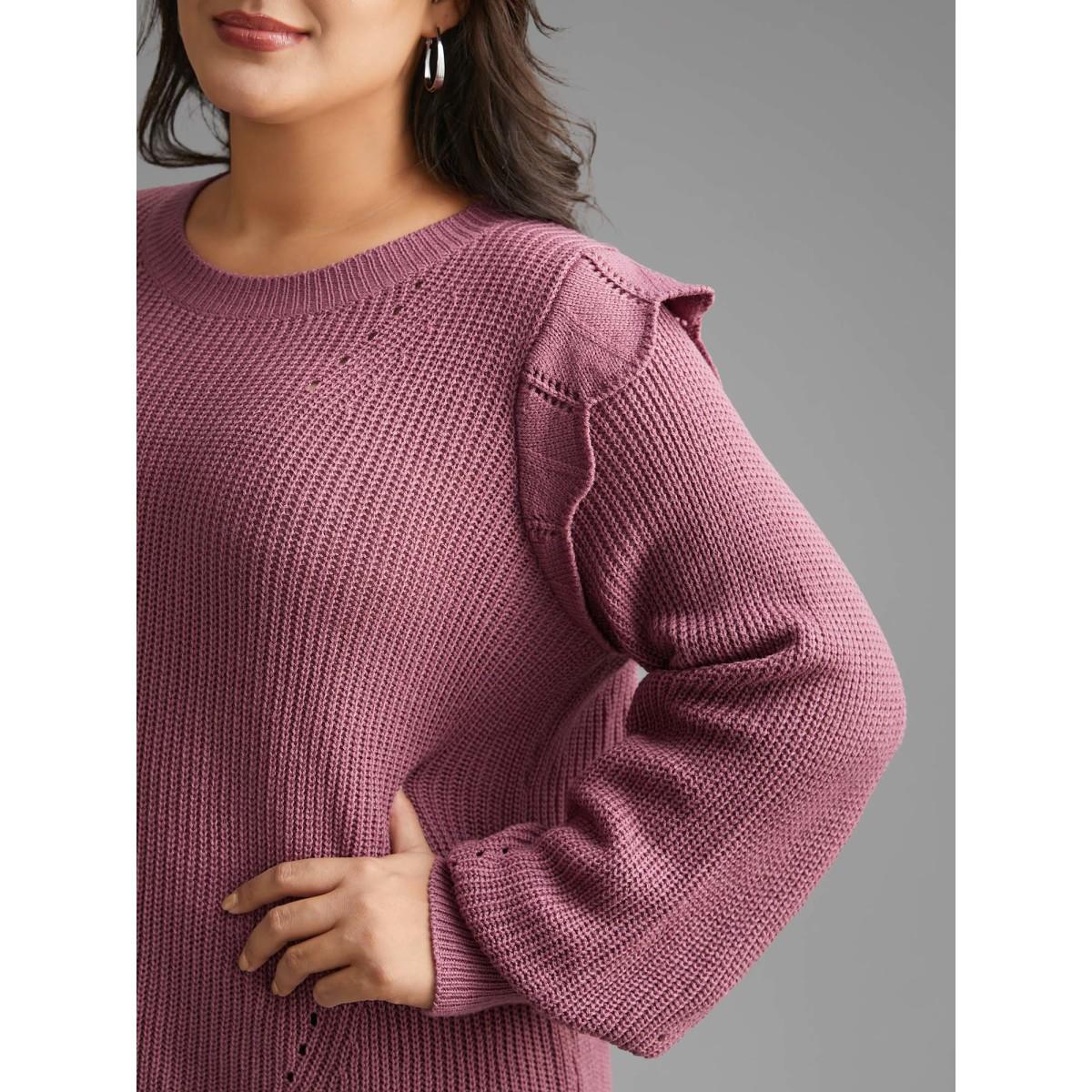 Plus Size Plain Texture Trim Lantern Sleeve Pullover DustyPink Women Casual Loose Long Sleeve Round Neck Everyday Pullovers BloomChic 14-16/1X Product Image