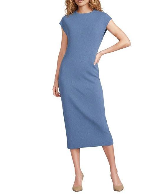 Vince Camuto Mock Neck Cap Sleeve Ribbed Knit Midi Sheath Dress Product Image