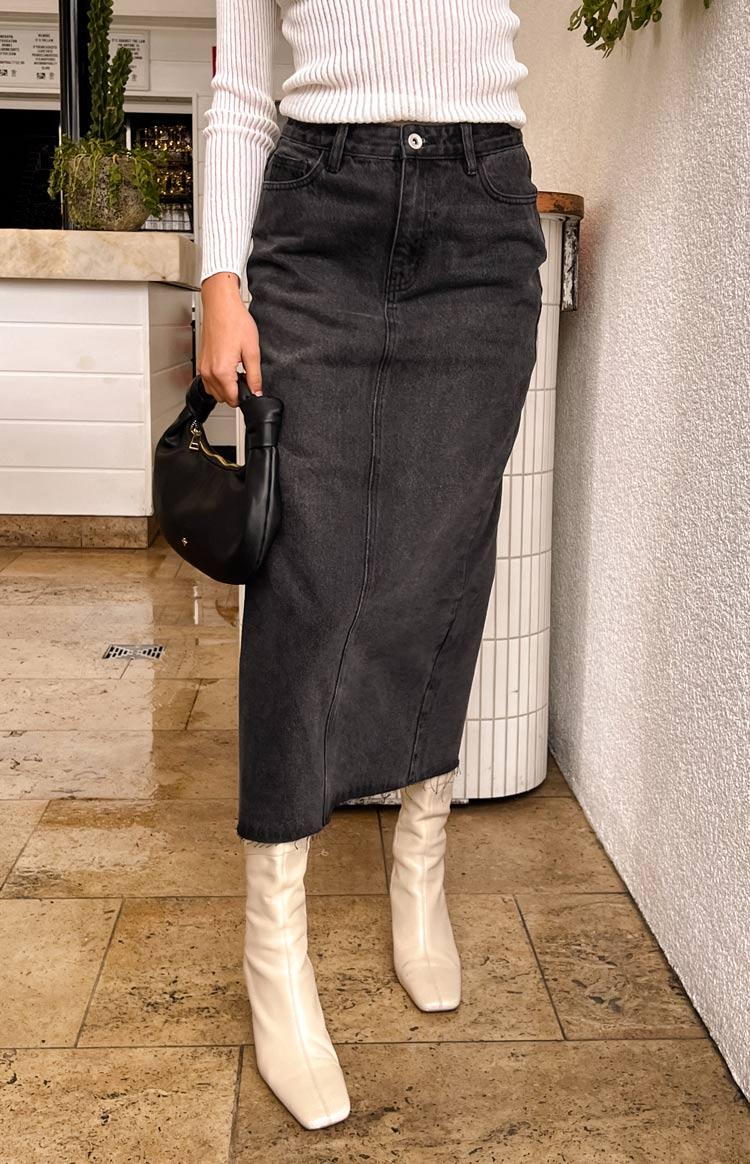 Isla Washed Black Denim Midi Skirt Product Image