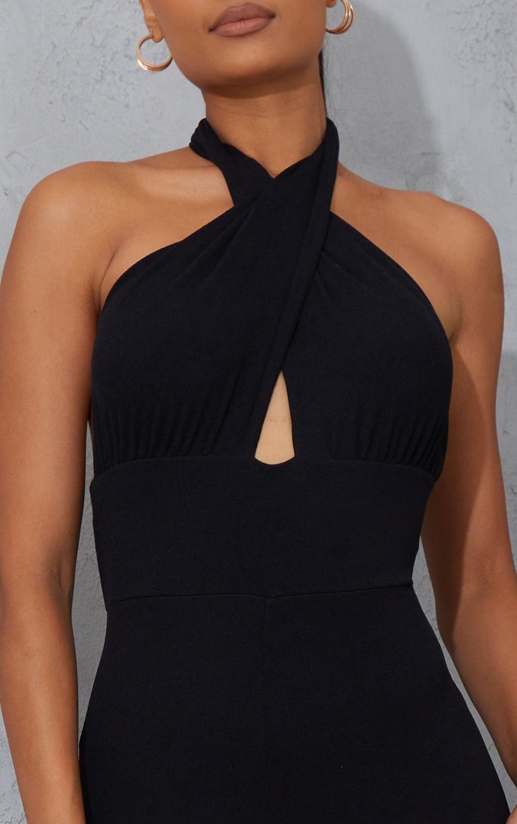 Black Cross Neck Tie Back Rib Jumpsuit Product Image