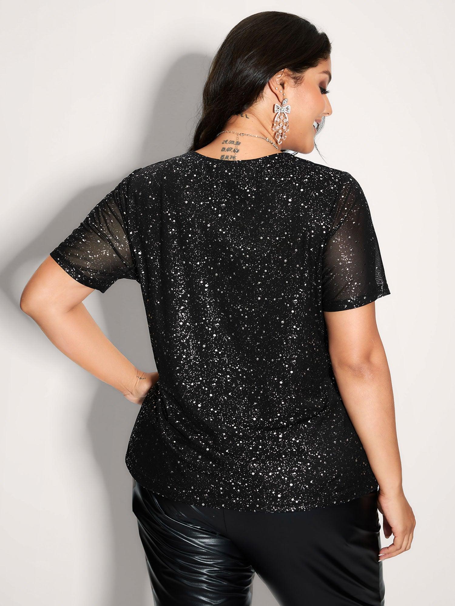 Shimmery Wrap Neck Sheer Sleeve T-Shirt Female Product Image
