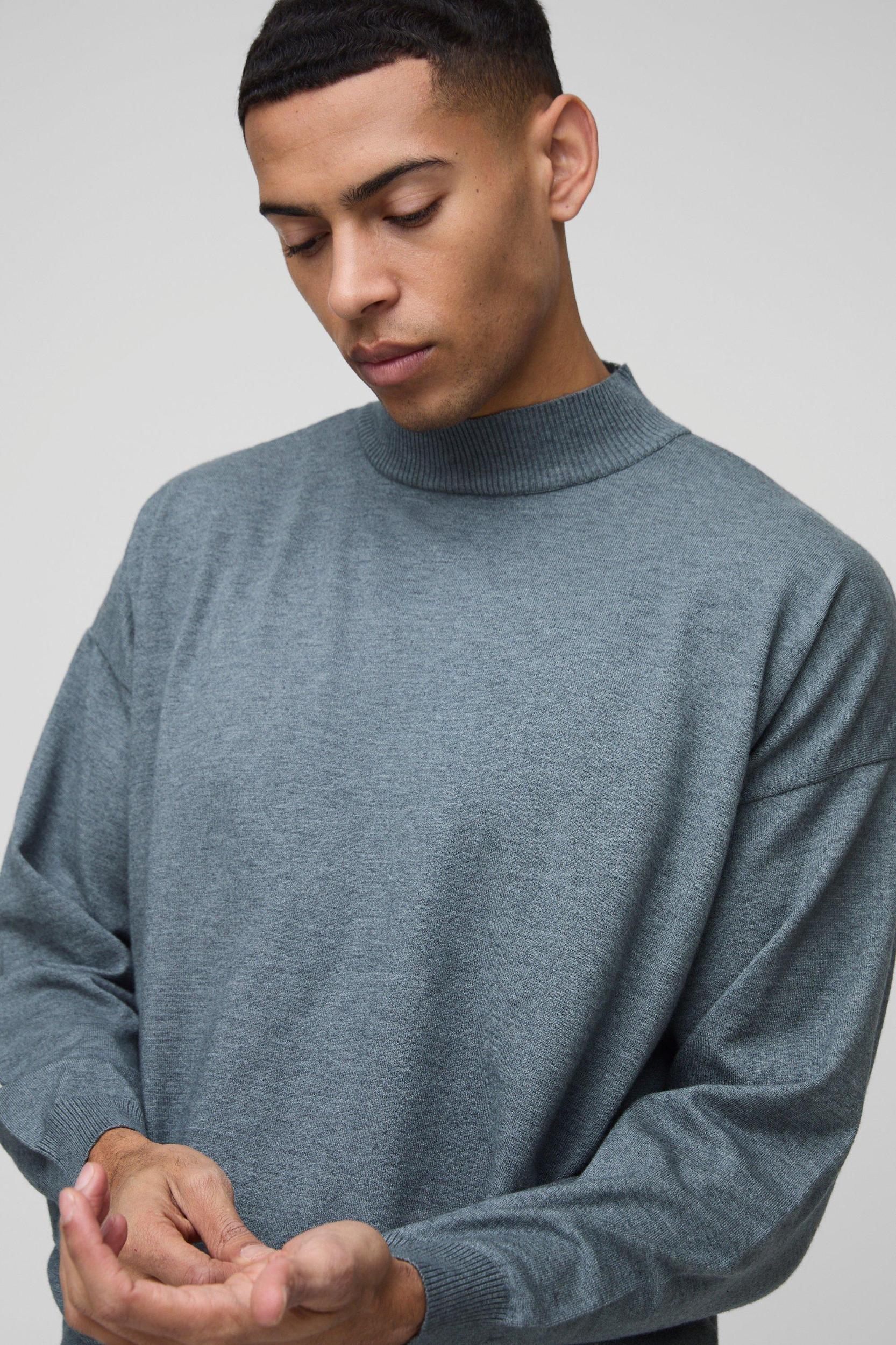 Relaxed Mock Neck Knitted Sweater | boohooMAN USA Product Image