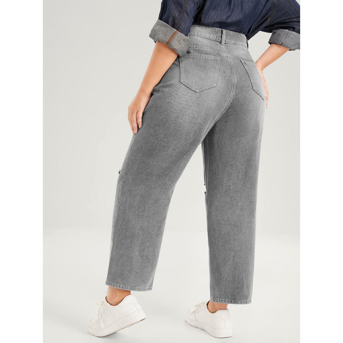 Plus Size Boyfriend Wide Leg Non Stretchy High Rise Medium Wash Jeans Women LightGray Casual Plain No stretch Pocket Jeans BloomChic 24/3X Product Image