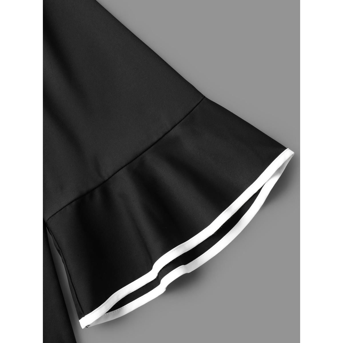 Plus Size Black Color-Block Spliced Ruffled Overlap Hem Blouse Women At the Office Elbow-length sleeve V-neck Work Blouses BloomChic 10/M Product Image