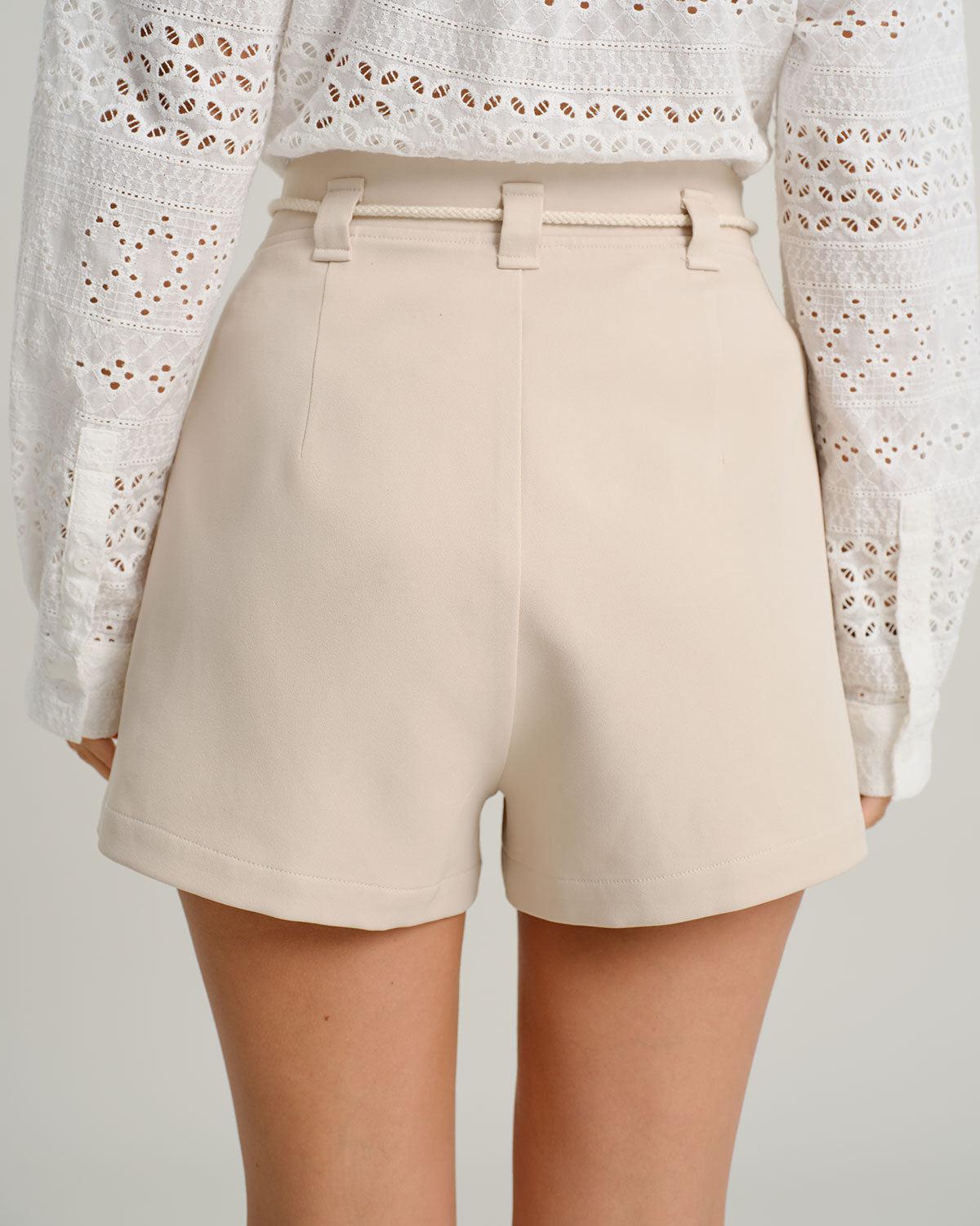Beige Tie Waist Pocket Shorts Product Image