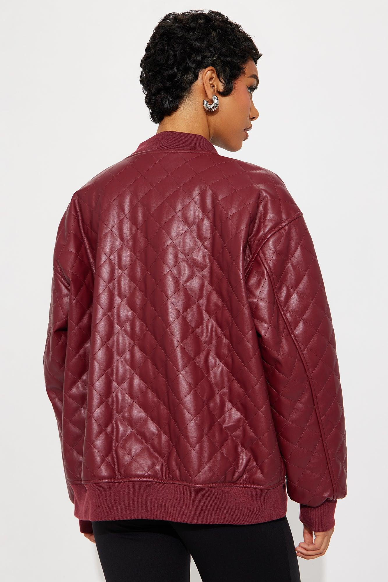 Around The Way Quilted Faux Leather Bomber Jacket - Burgundy Female Product Image