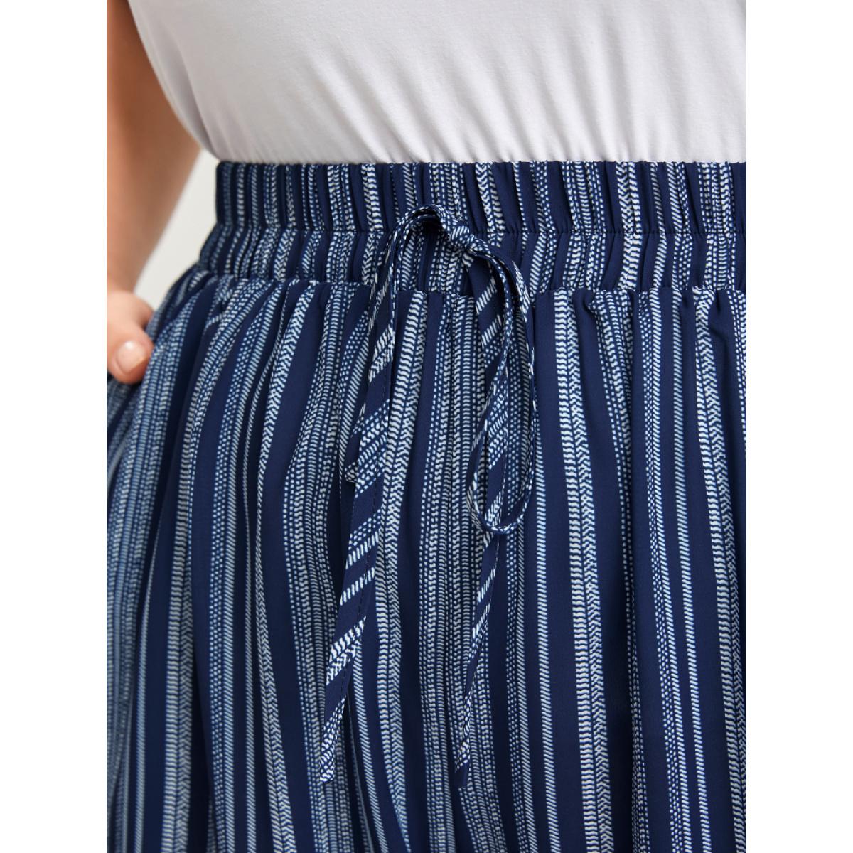 Plus Size Striped Elastic Waist Pocket Ties Pants Women DarkBlue Casual Mid Rise Dailywear Pants BloomChic 10/M Product Image