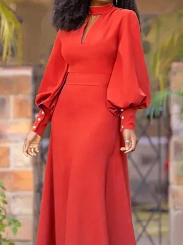 Long Sleeves Loose Buttoned Hollow Solid Color Split-Joint Round-Neck Maxi Dresses Product Image