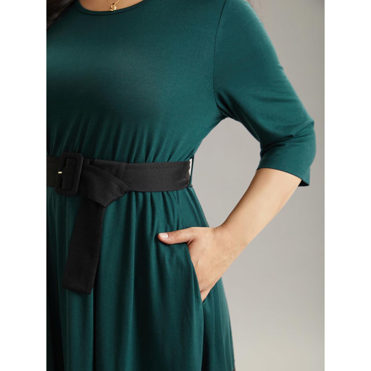 Plus Size Contrast Belted Buckle Detail Elastic Waist Dress DarkGreen Women Casual Belted Round Neck Elbow-length sleeve Curvy Midi Dress BloomChic 14-16/1X Product Image