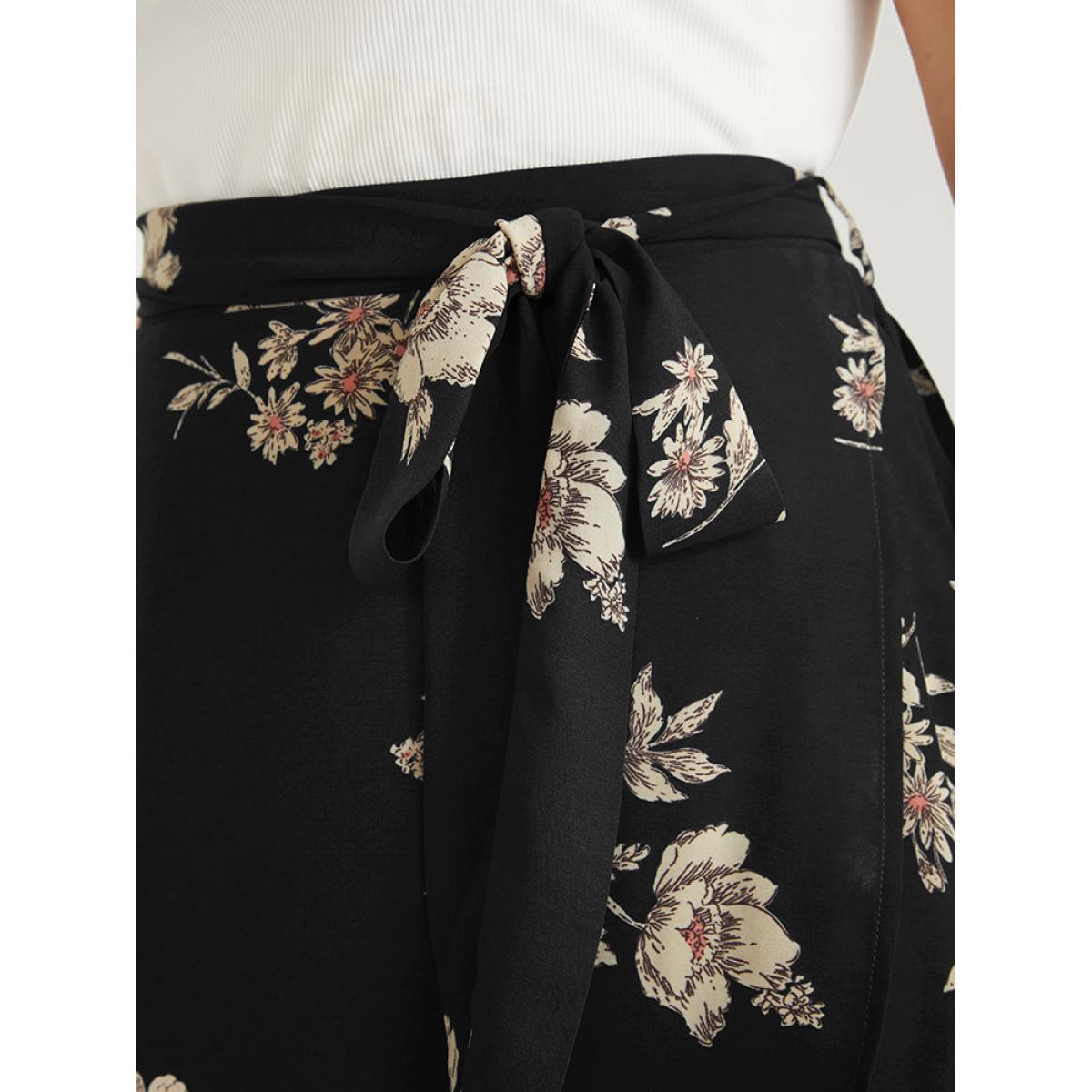 Plus Size Floral Knotted Elastic Waist Wrap Split Skirt Women Black Elegant Printed No stretch Belt Dailywear Skirts BloomChic 10/M Product Image