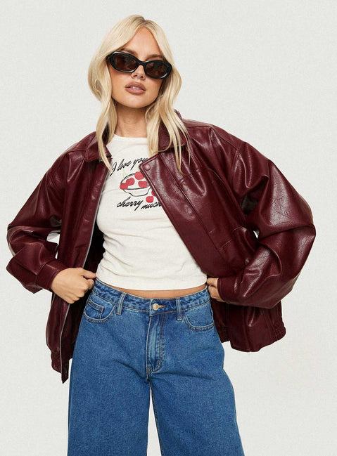 Devija Faux Leather Jacket Burgundy Product Image