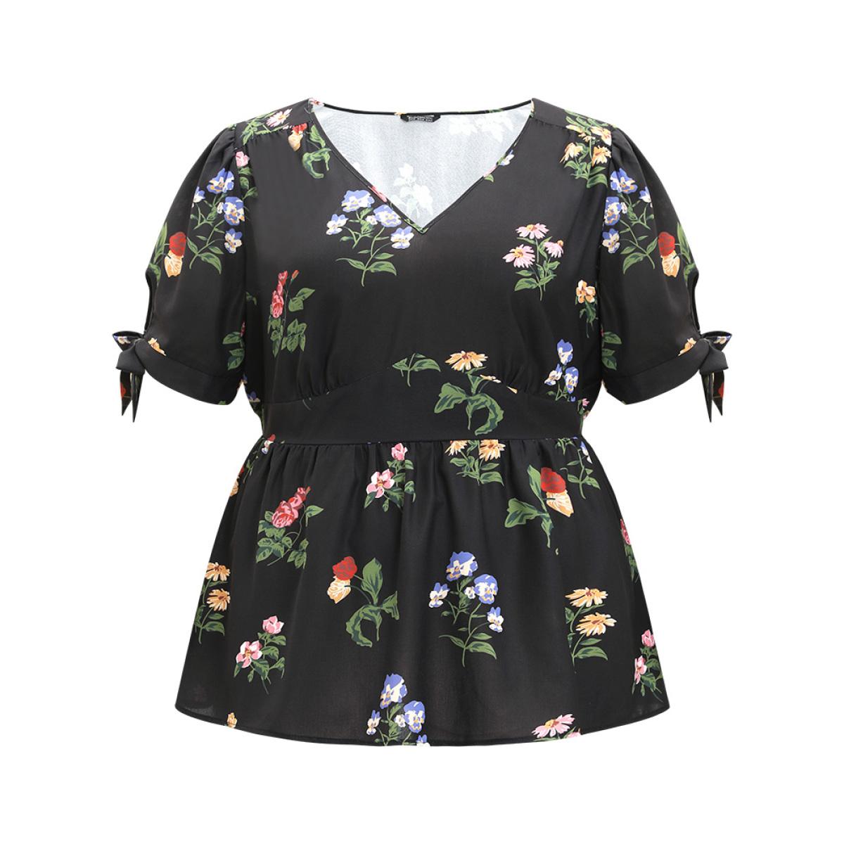 Plus Size Black Floral Print Knot Gathered Elastic Waist Blouse Women Elegant Short sleeve V-neck Dailywear Blouses BloomChic 10/M Product Image