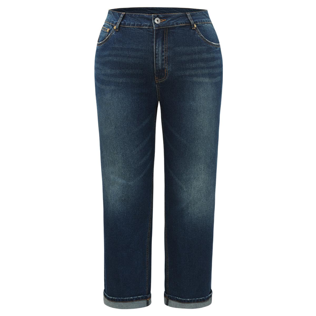 Plus Size Plain Roll Hem Medium Wash Full Length Jeans Women Indigo Casual Plain Plain High stretch Pocket Jeans BloomChic 26/4X Product Image