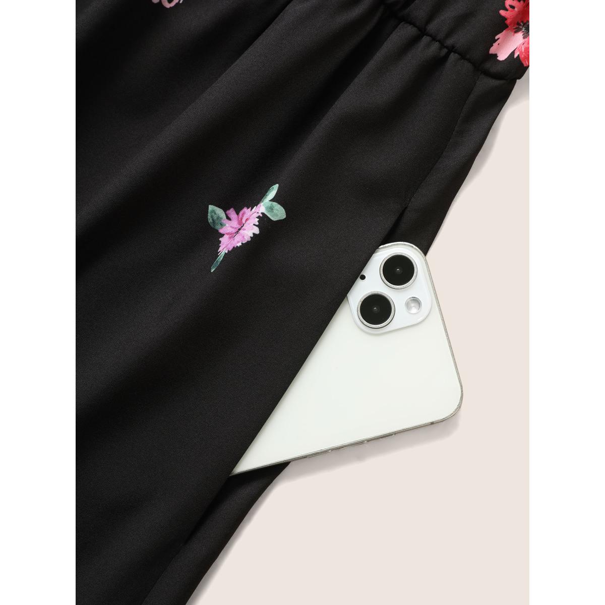 Plus Size Boho Print V Neck Elastic Waist Dress Black Women Elegant Gathered V-neck Short sleeve Curvy BloomChic 10/M Product Image