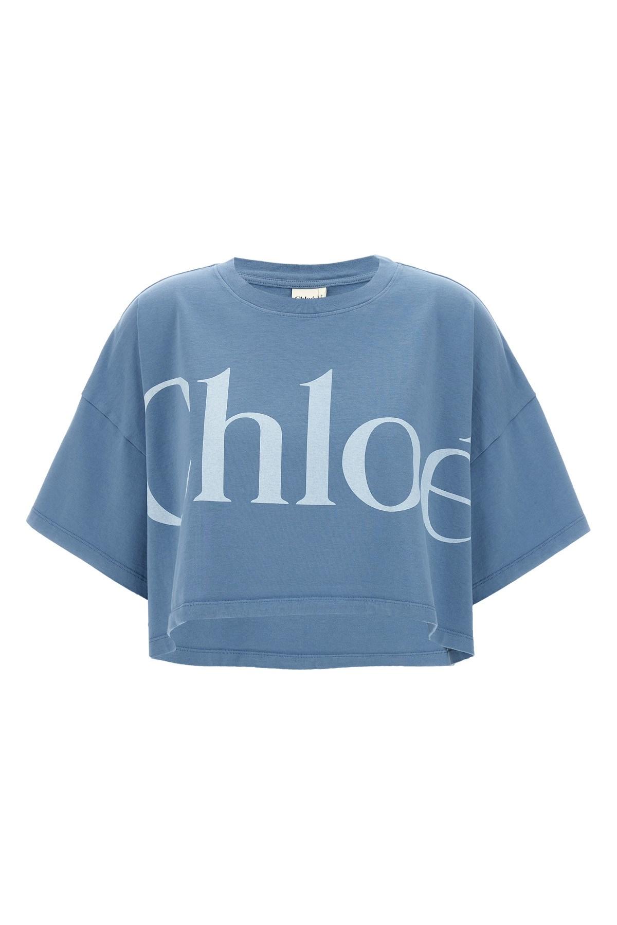 CHLOÉ Women Light Blue Jersey Cropped Logo T-shirt Product Image