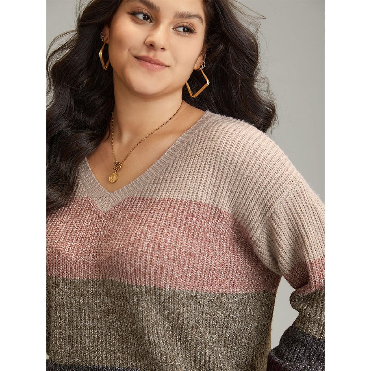 Plus Size Heather Colorblock V Neck Split Hem Pullover Multicolor Women Casual Loose Long Sleeve V-neck Dailywear Pullovers BloomChic 14-16/1X Product Image