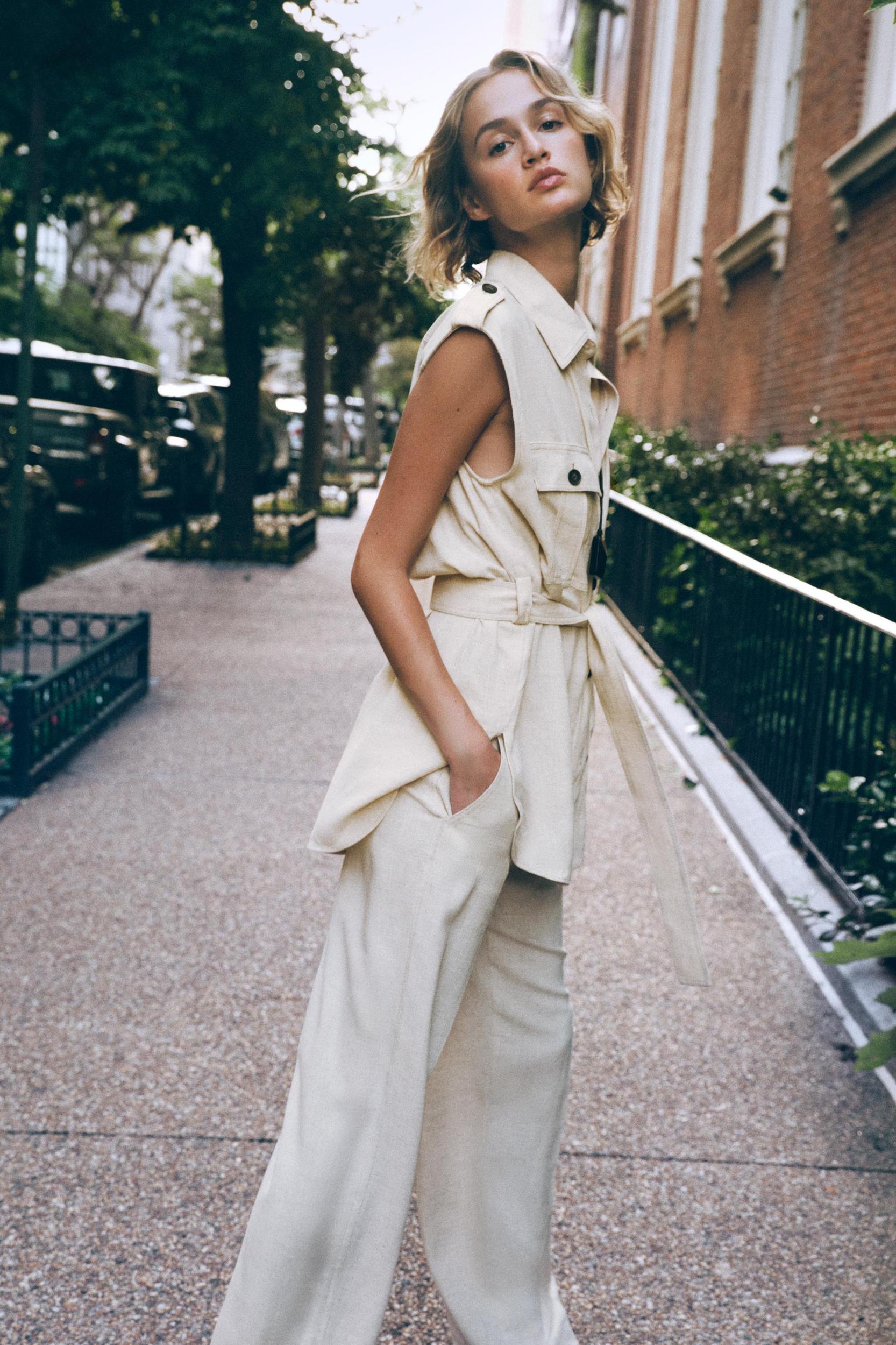 LINEN BELTED LONG VEST Product Image