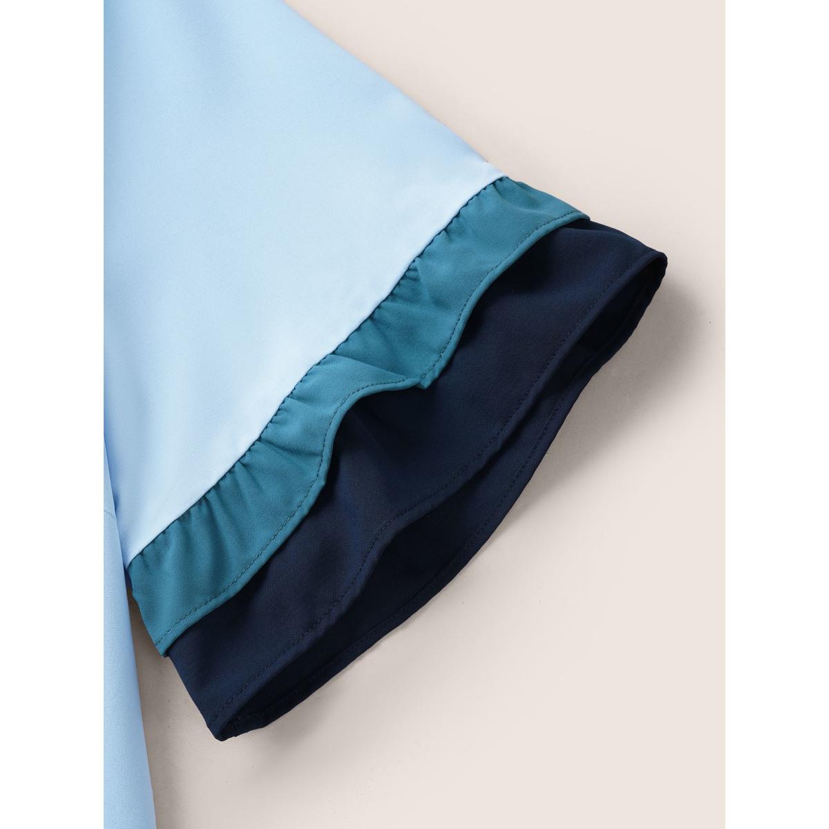 Plus Size Colorblock Contrast Tie Knot Ruffles Dress DarkBlue Women Casual Tucked seam Notched collar Half Sleeve Curvy BloomChic 12/L Product Image