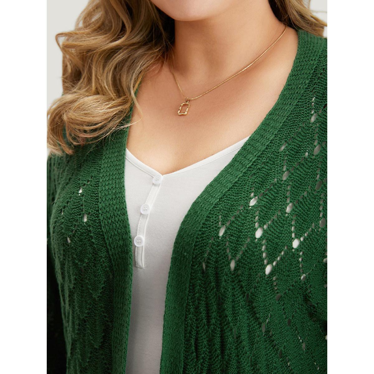 Plus Size Plain Geo Eyelet Drop Shoulder Maxi Cardigan Emerald Women Casual Loose Long Sleeve Dailywear Cardigans BloomChic 30/6X Product Image