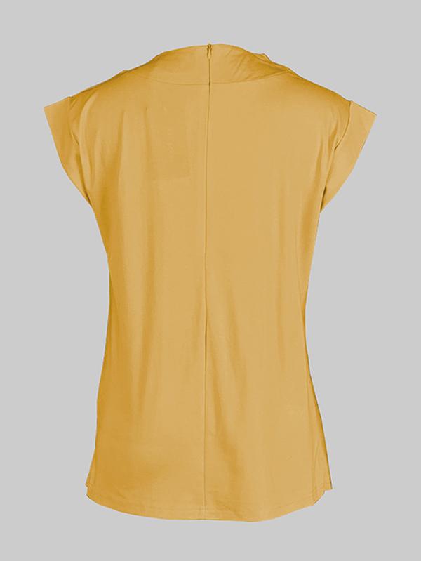 Loose Sleeveless Asymmetric Pleated Solid Color Split-Joint Mock Neck T-Shirts Tops Product Image