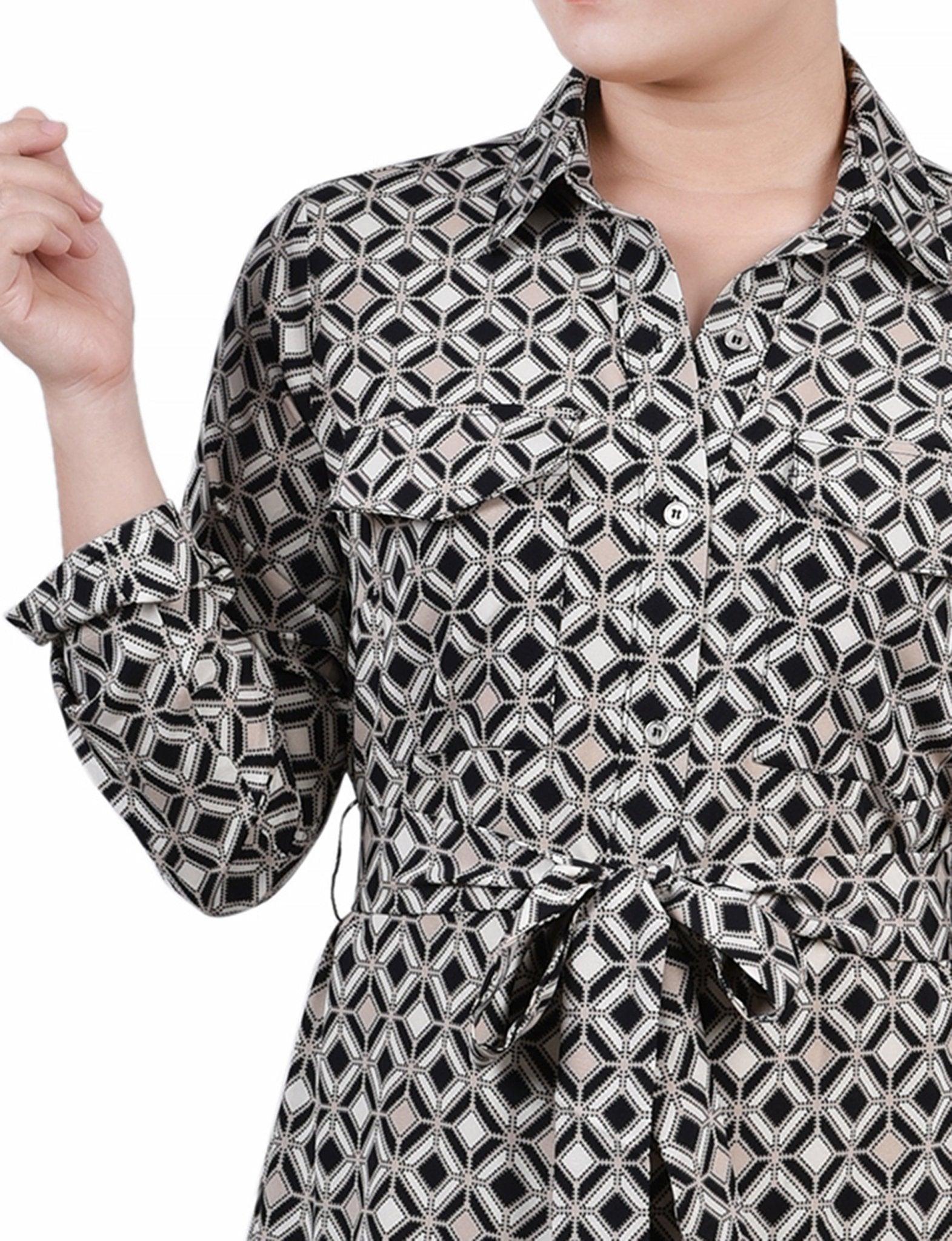 Black Doeskin Geo 3/4 Roll Tab Sleeve Belted Shirtdress - Petite Product Image