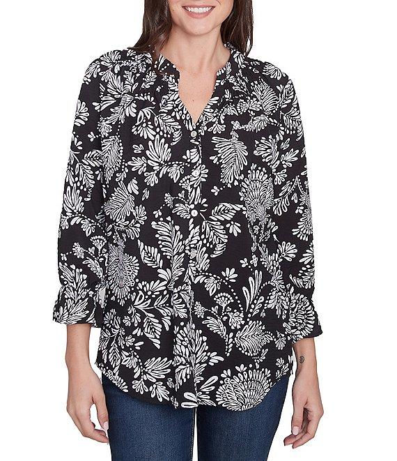 Ruby Rd. Woven Floral Mandarin Collar 3/4 Sleeve Button-Front Top Product Image