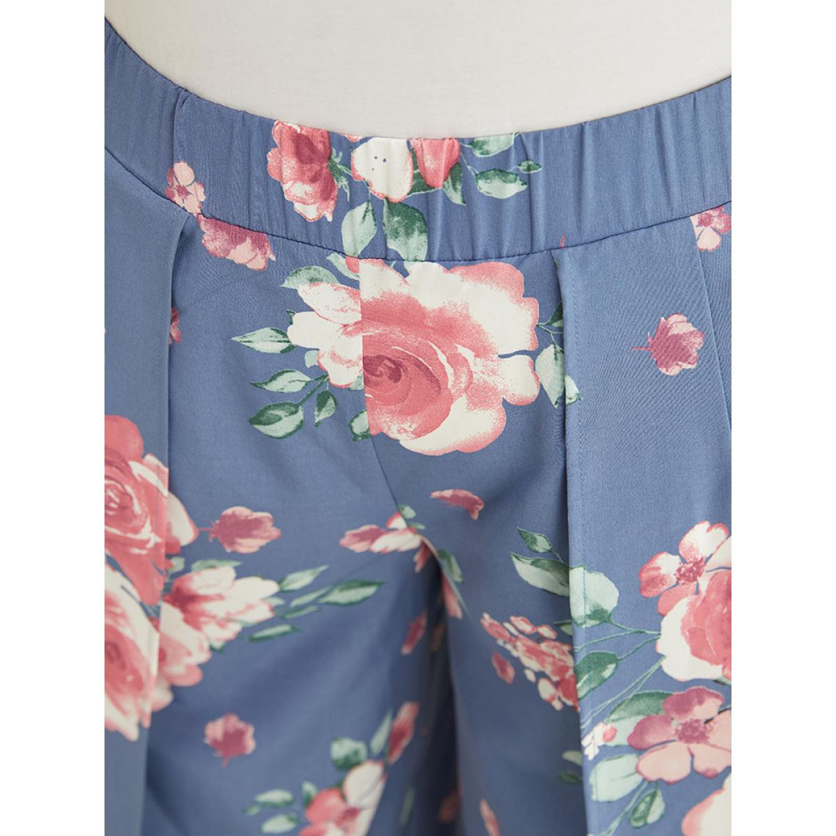 Plus Size Floral Print Pocket Split Wide Leg Pants Women Blue Elegant Mid Rise Dailywear Pants BloomChic 10/M Product Image